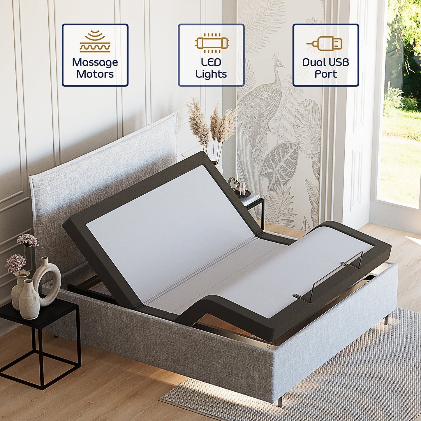 Clara™ By Clara Clark Queen Adjustable Bed Base, Zero Clearance with Wireless Remote, Electric Head and Foot Incline, Massage, and USB Port