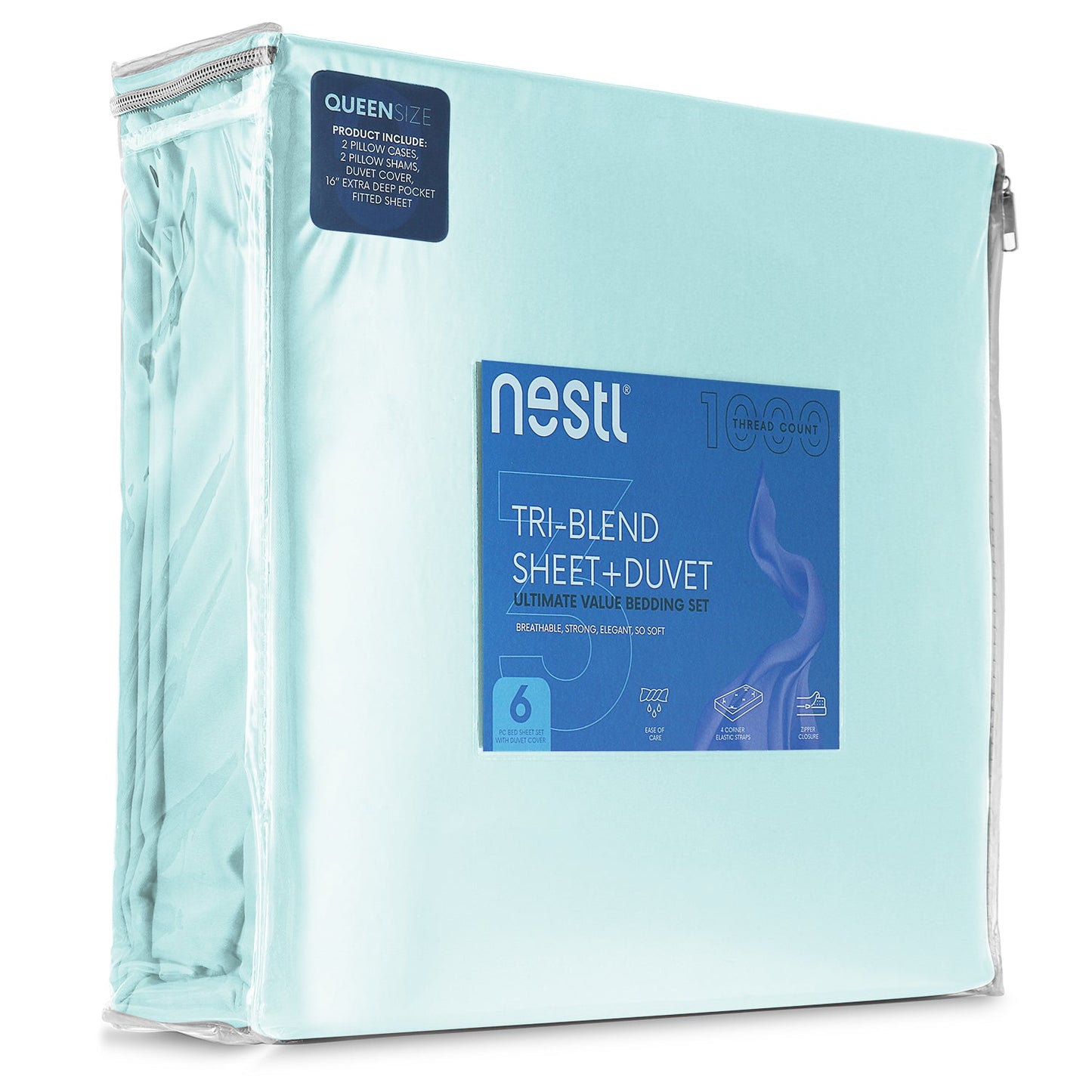 nestl Duvet Cover 6-Piece Set - 1000 Thread Count Sheets - Tri Blend Cotton Duvet Cover with Zipper, Deep Pocket Fitted Sheet, 2 Cooling Pillow Cases, 2 Pillow Shams