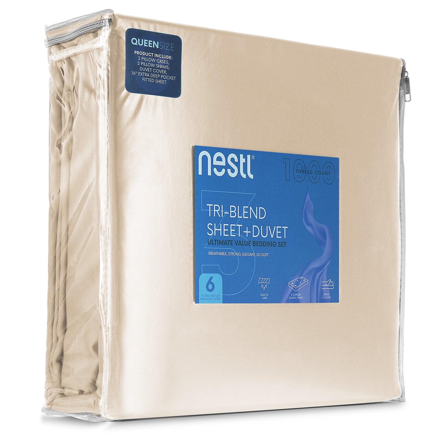 nestl Duvet Cover 6-Piece Set - 1000 Thread Count Sheets - Tri Blend Cotton Duvet Cover with Zipper, Deep Pocket Fitted Sheet, 2 Cooling Pillow Cases, 2 Pillow Shams