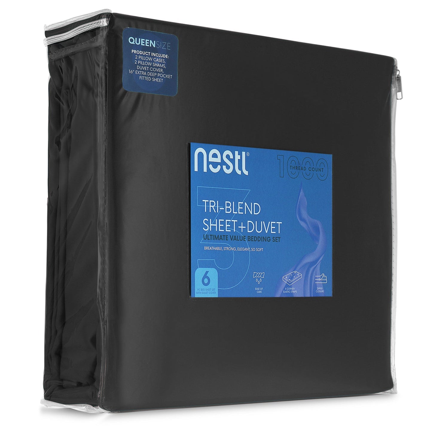 nestl Duvet Cover 6-Piece Set - 1000 Thread Count Sheets - Tri Blend Cotton Duvet Cover with Zipper, Deep Pocket Fitted Sheet, 2 Cooling Pillow Cases, 2 Pillow Shams