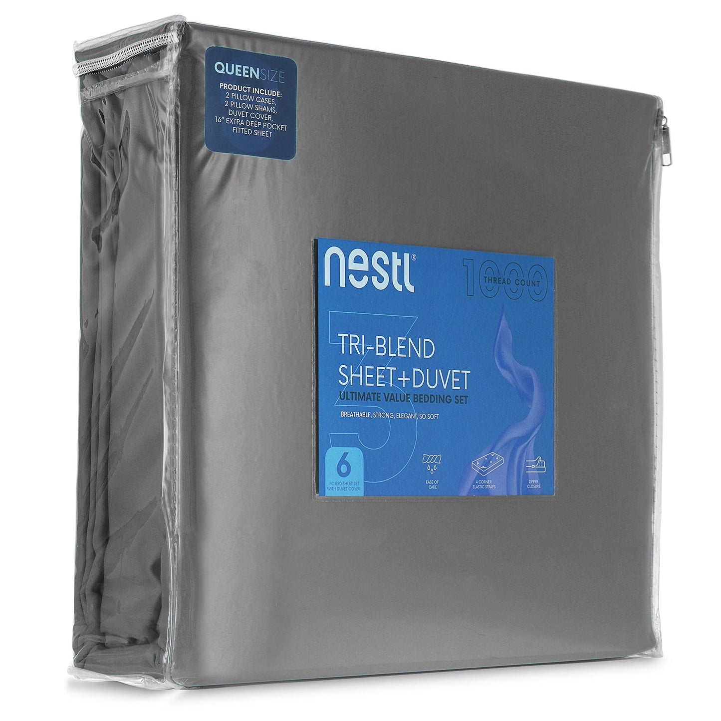 nestl Duvet Cover 6-Piece Set - 1000 Thread Count Sheets - Tri Blend Cotton Duvet Cover with Zipper, Deep Pocket Fitted Sheet, 2 Cooling Pillow Cases, 2 Pillow Shams