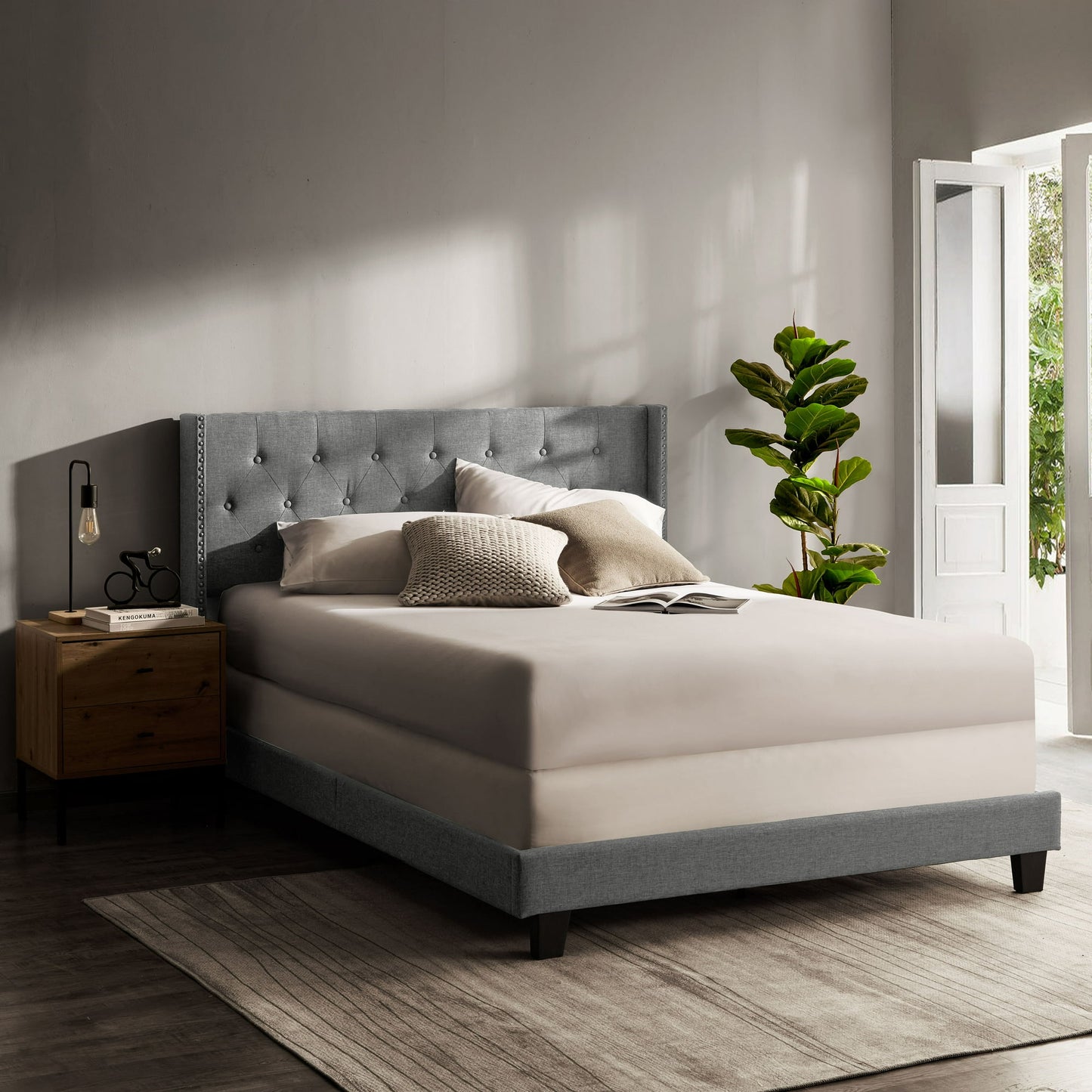 Lammaloe Platform Bed Frame with Wingback Diamond Upholstered Headboard