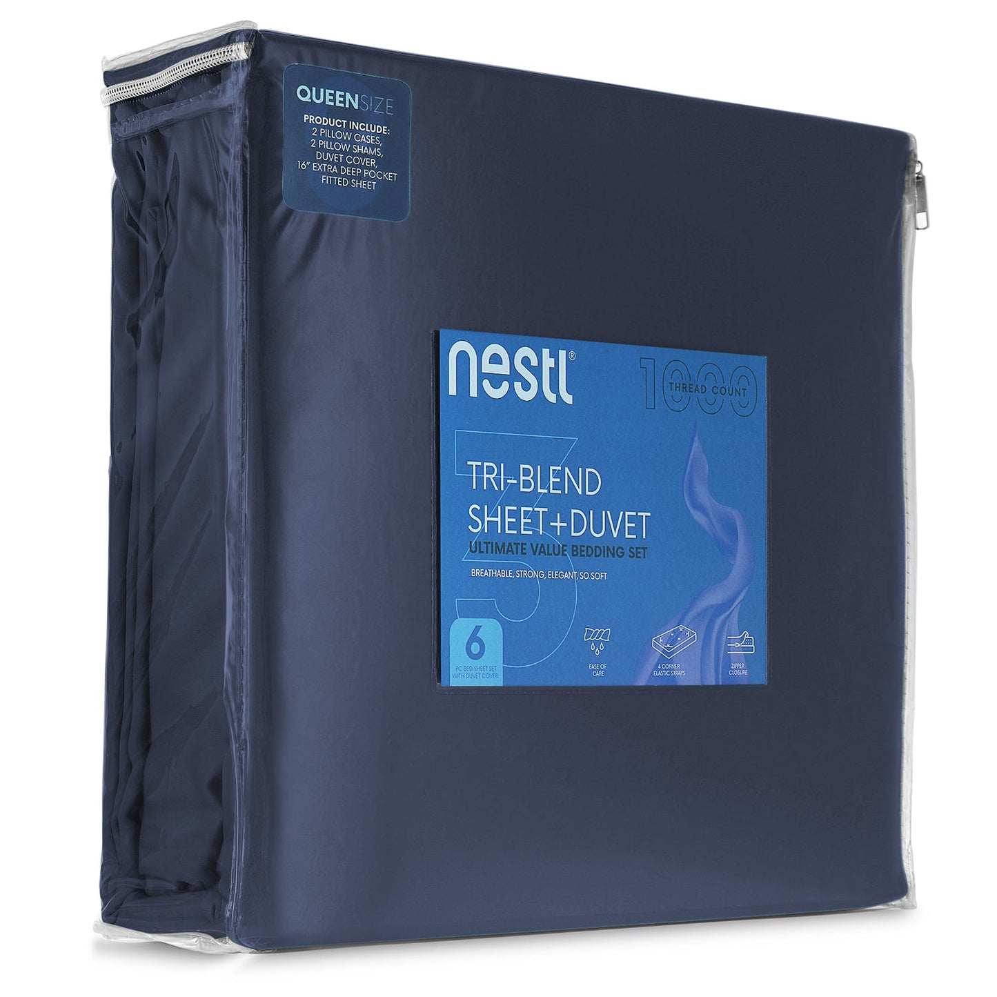 nestl Duvet Cover 6-Piece Set - 1000 Thread Count Sheets - Tri Blend Cotton Duvet Cover with Zipper, Deep Pocket Fitted Sheet, 2 Cooling Pillow Cases, 2 Pillow Shams