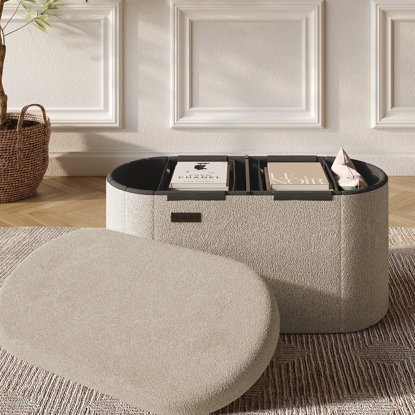 Hearth & Harbor Oval Storage Ottoman Bench Boucle