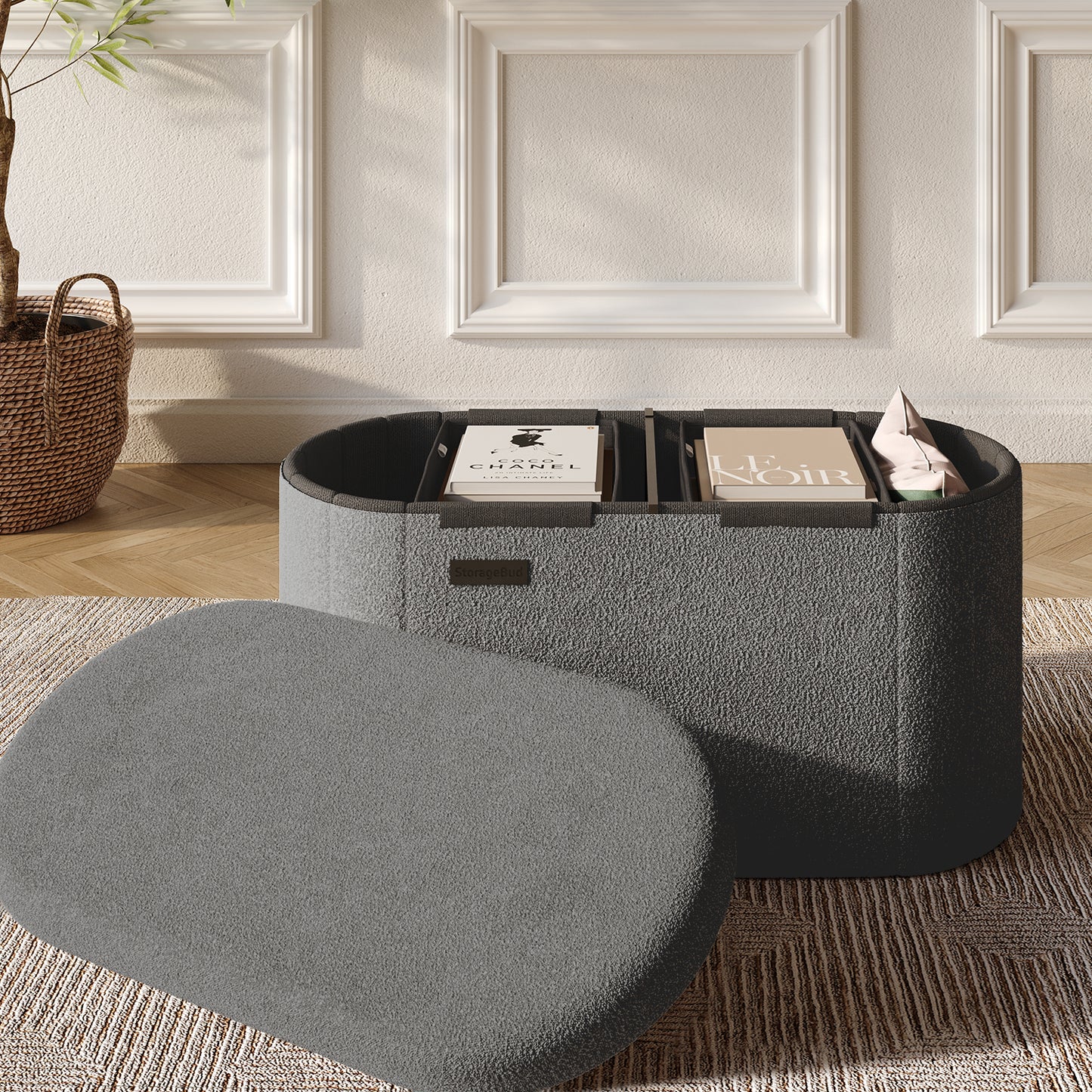 Hearth & Harbor Oval Storage Ottoman Bench Boucle