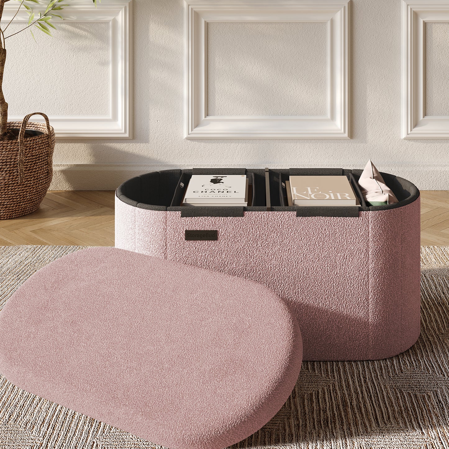 Hearth & Harbor Oval Storage Ottoman Bench Boucle