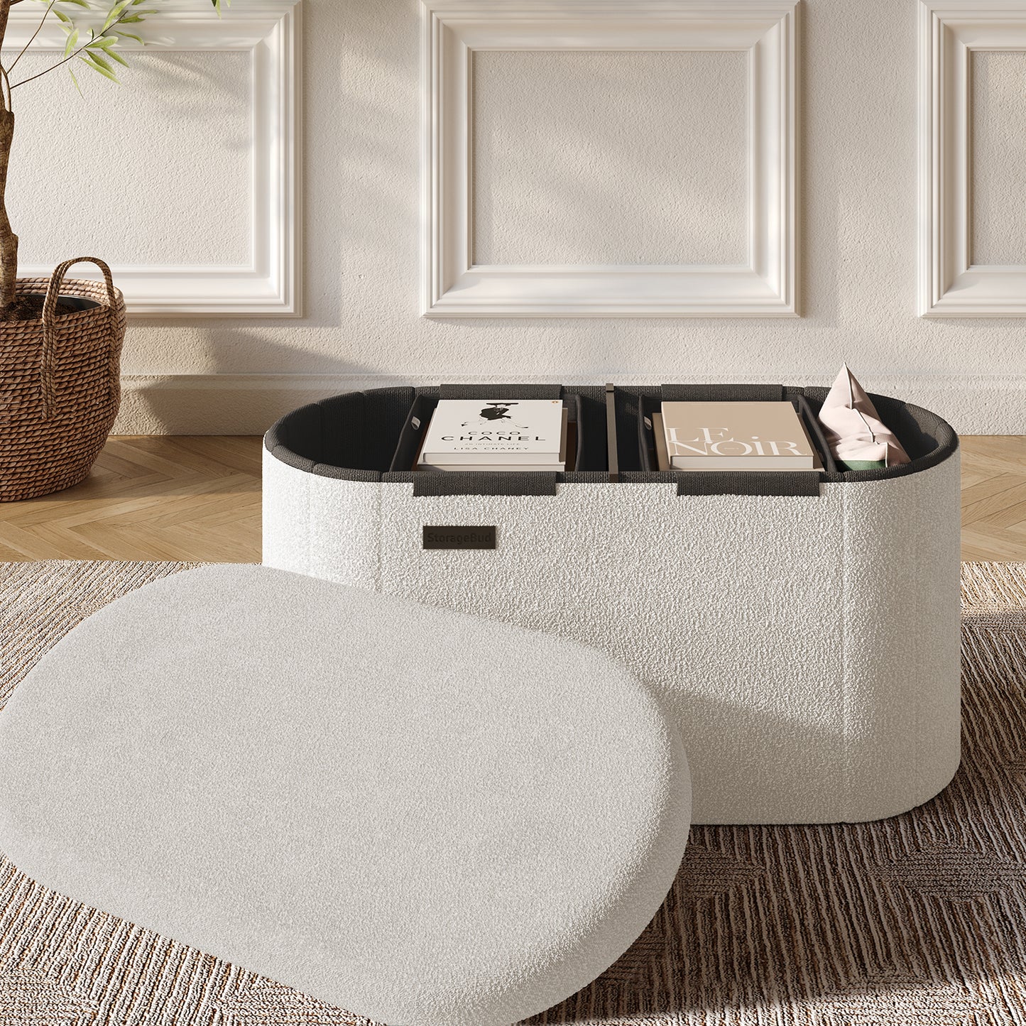 Hearth & Harbor Oval Storage Ottoman Bench Boucle