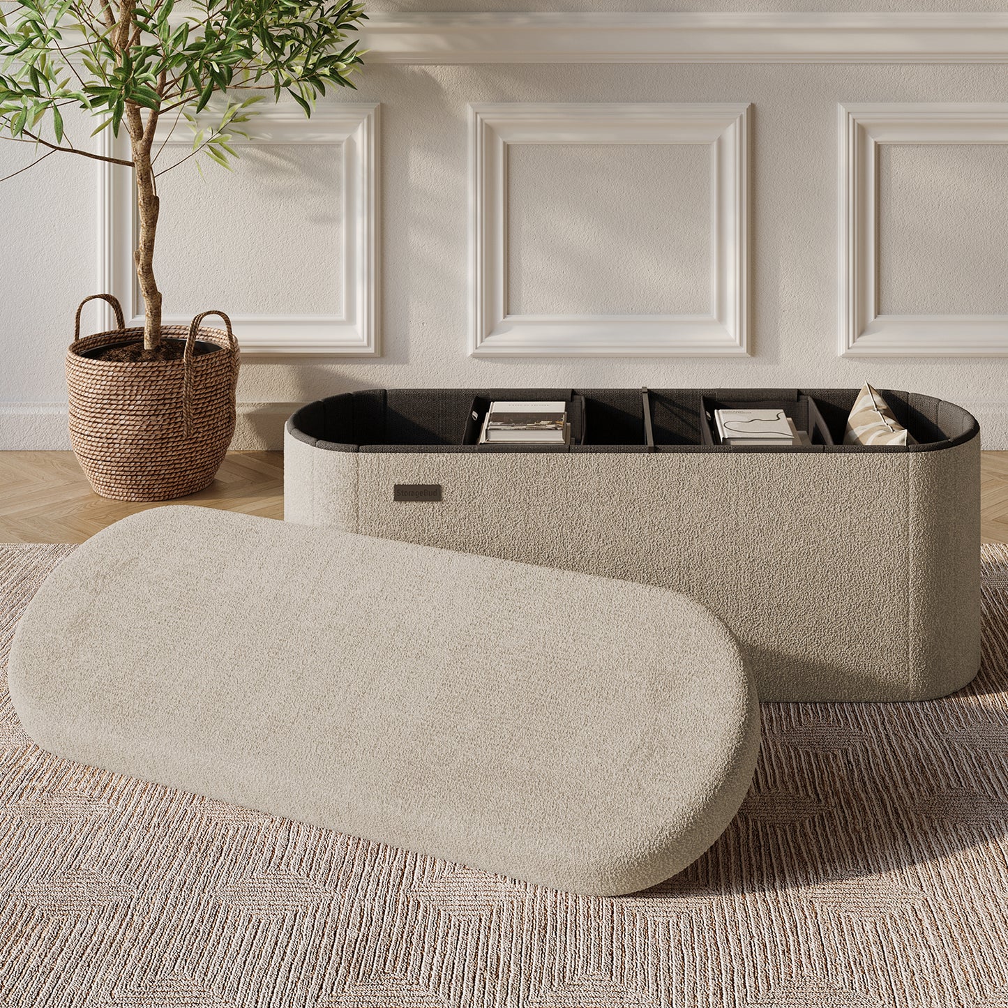 Hearth & Harbor Oval Storage Ottoman Bench Boucle