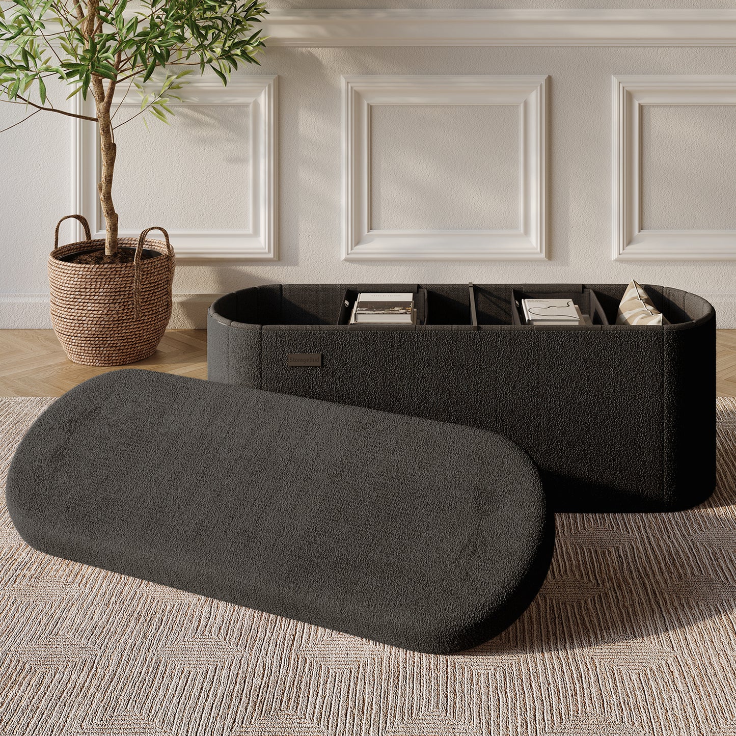 Hearth & Harbor Oval Storage Ottoman Bench Boucle