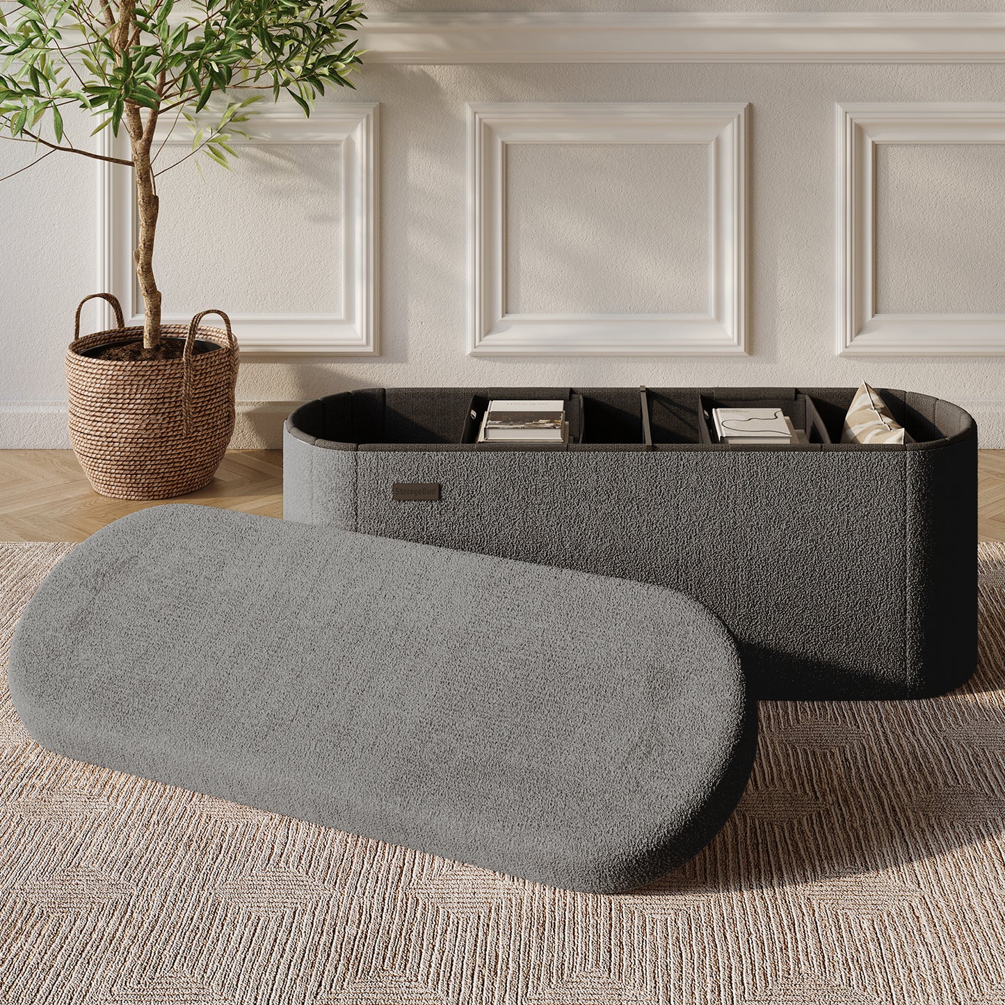 Hearth & Harbor Oval Storage Ottoman Bench Boucle