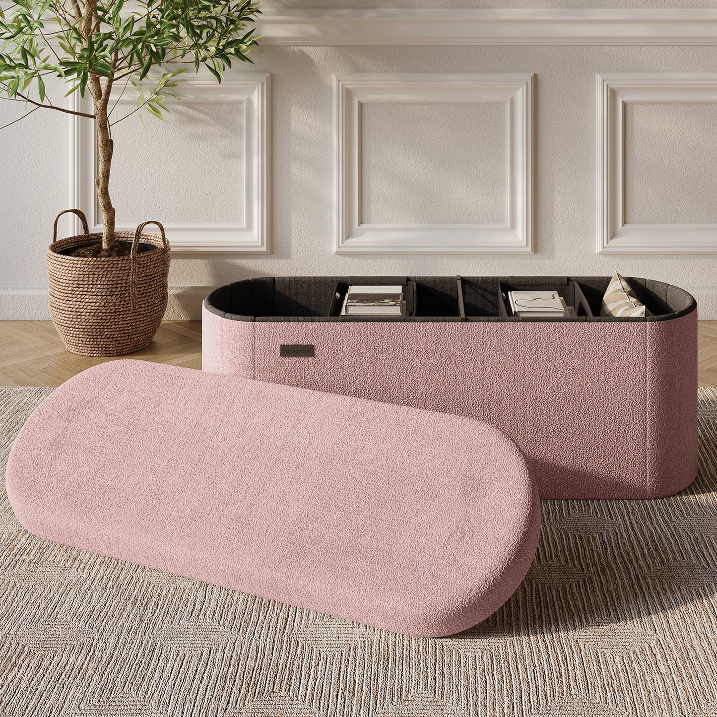 Hearth & Harbor Oval Storage Ottoman Bench Boucle