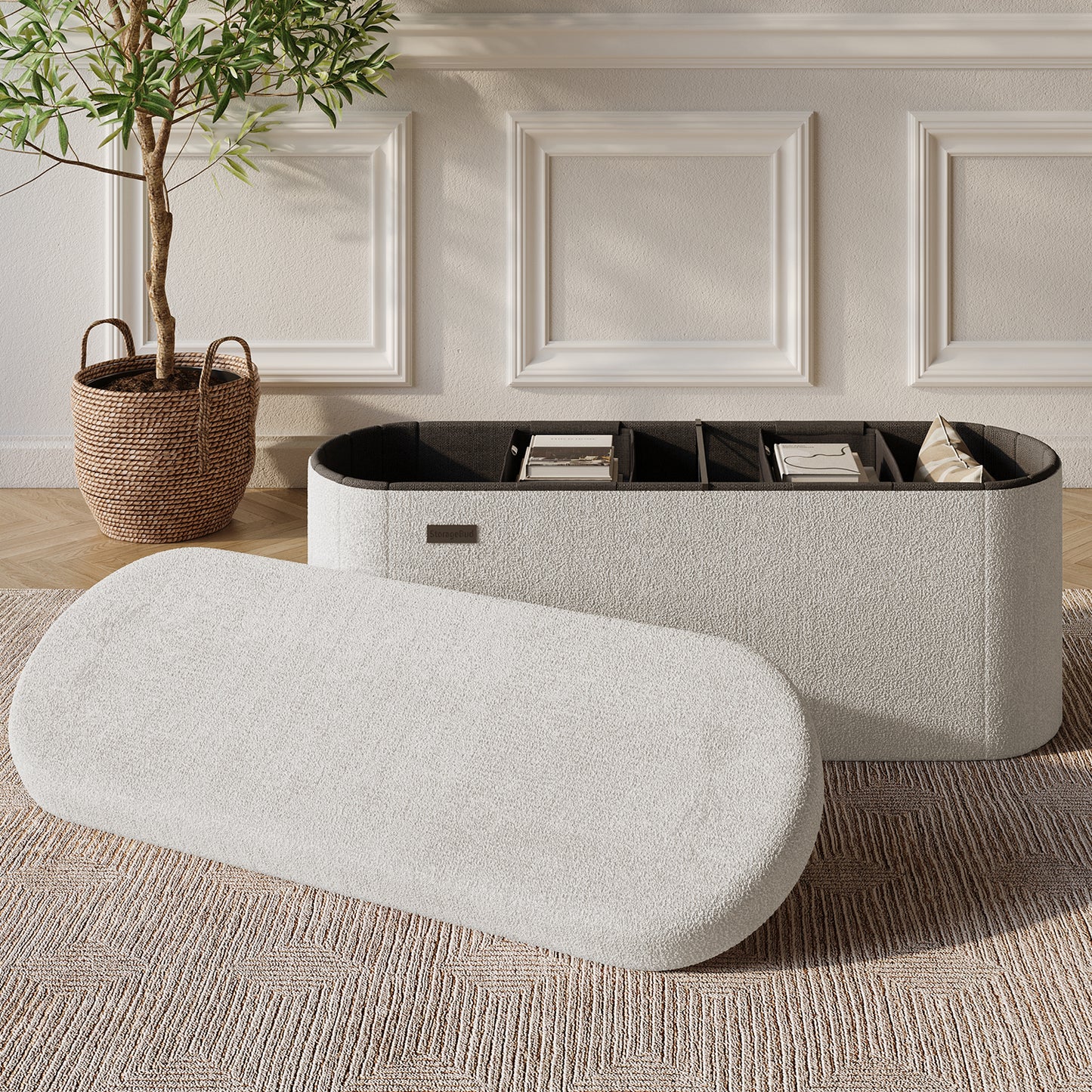 Hearth & Harbor Oval Storage Ottoman Bench Boucle