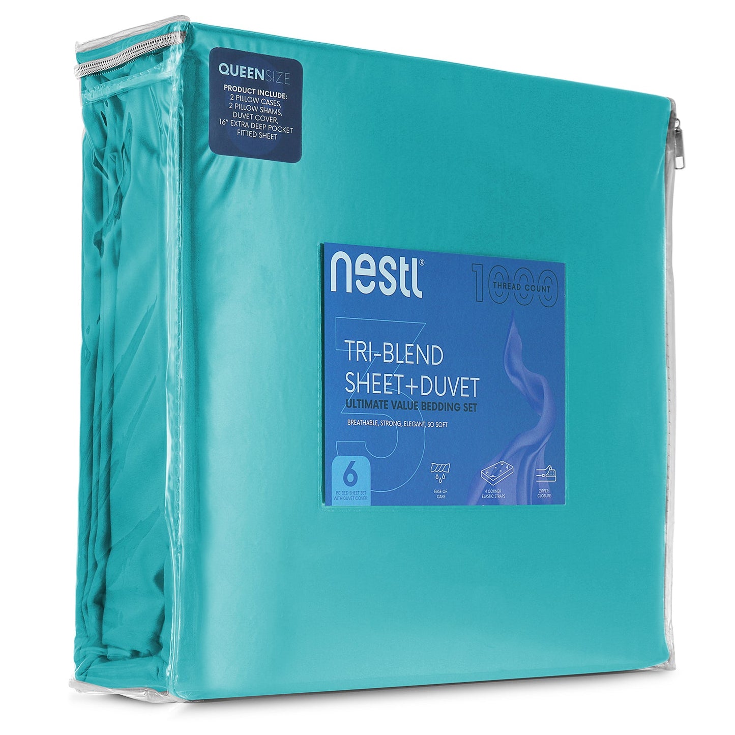 nestl Duvet Cover 6-Piece Set - 1000 Thread Count Sheets - Tri Blend Cotton Duvet Cover with Zipper, Deep Pocket Fitted Sheet, 2 Cooling Pillow Cases, 2 Pillow Shams