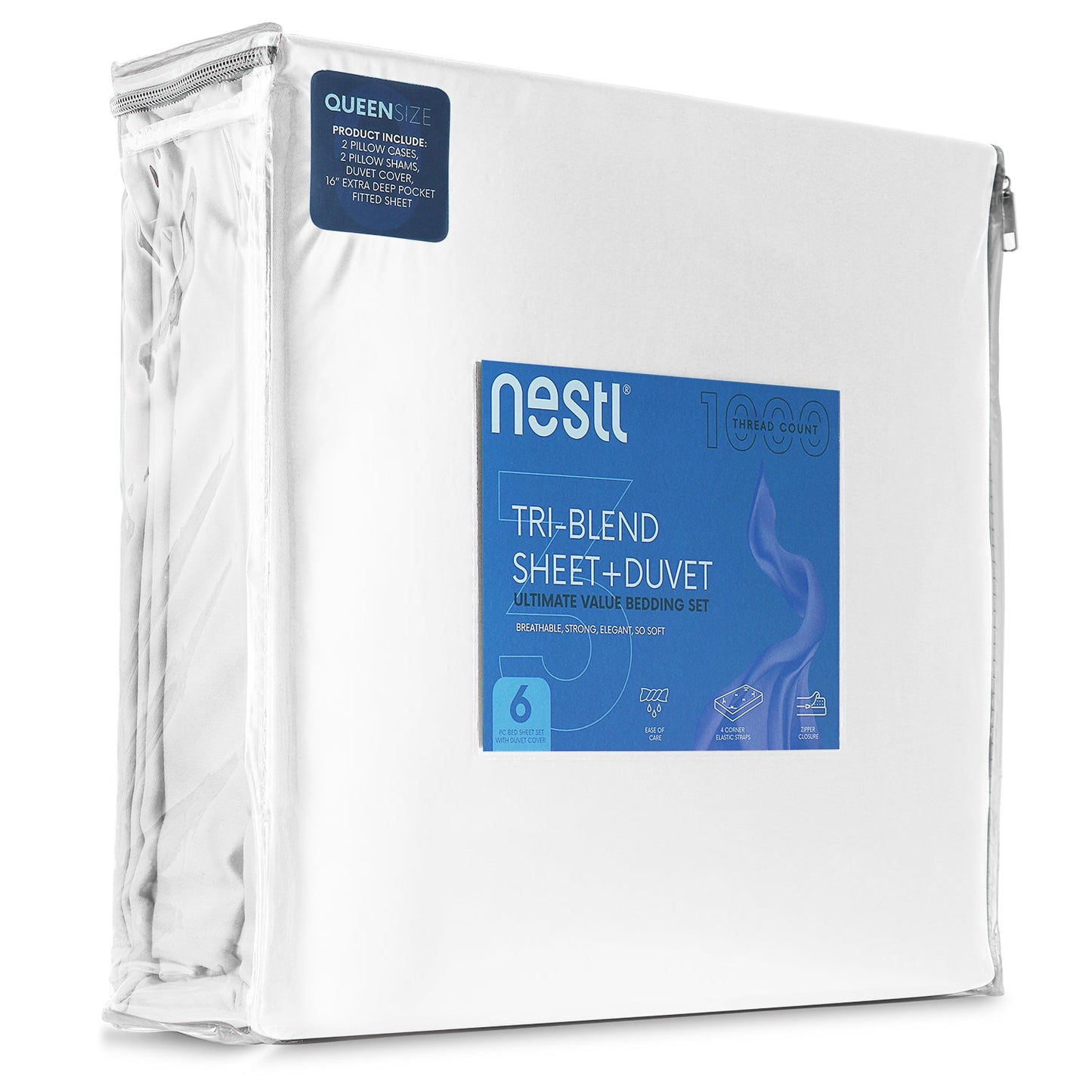 nestl Duvet Cover 6-Piece Set - 1000 Thread Count Sheets - Tri Blend Cotton Duvet Cover with Zipper, Deep Pocket Fitted Sheet, 2 Cooling Pillow Cases, 2 Pillow Shams