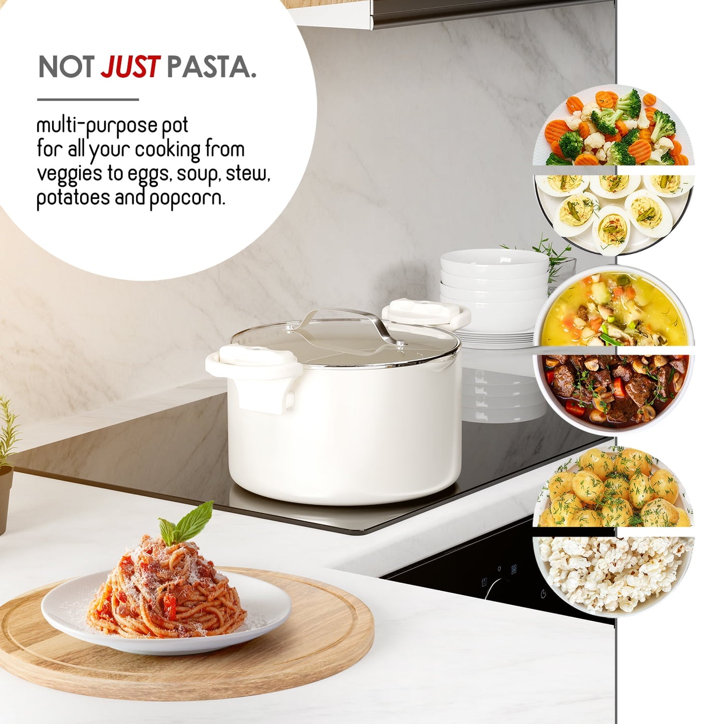 Virtu stock pot, Multipurpose Pasta Pot with Strainer Lid, Nonstick Ceramic Stainless Steel Pot, 5 Quart