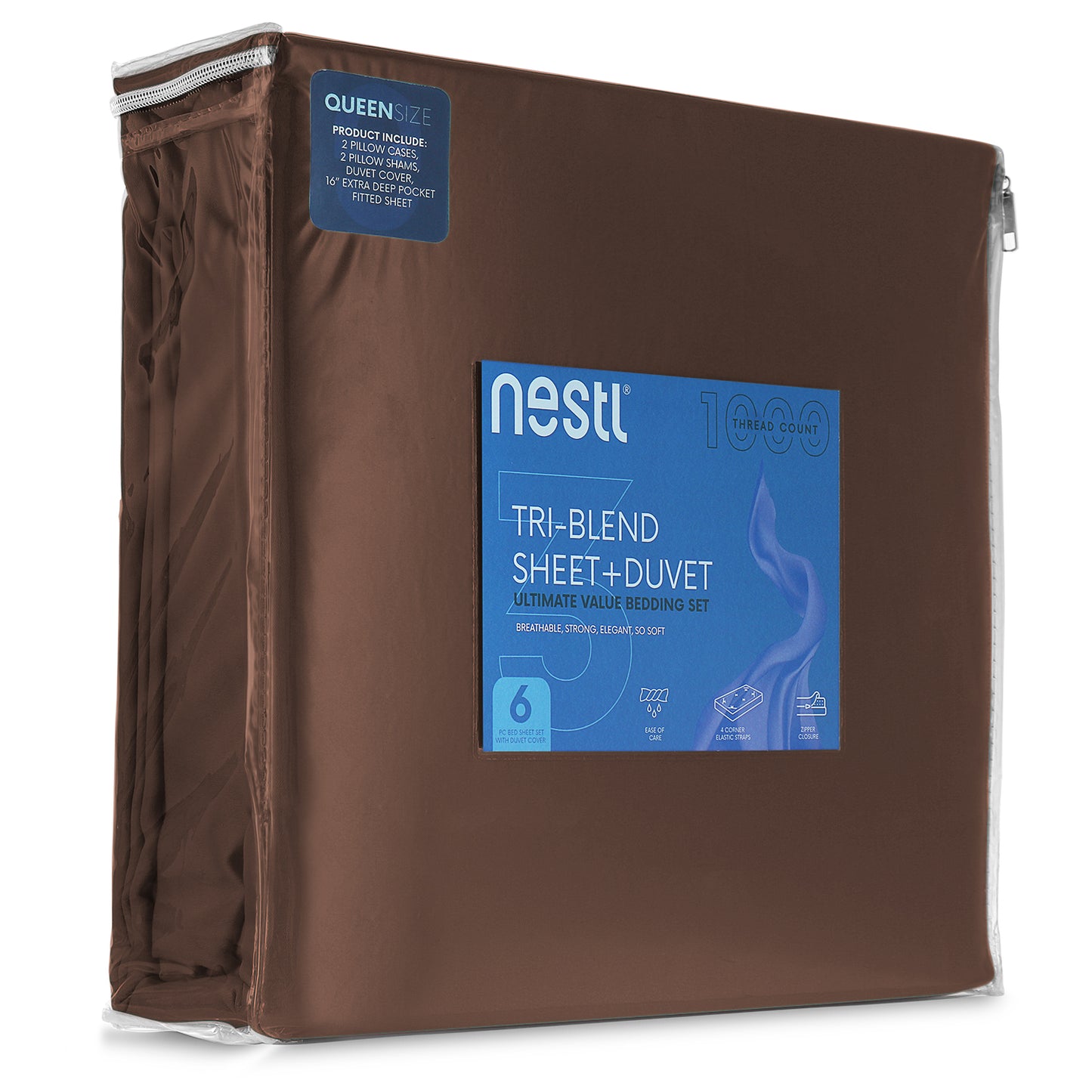 Nestl Bedding Duvet Cover 6-Piece Set - 1000 Thread Count Sheets - Tri Blend Cotton Duvet Cover with Zipper, Deep Pocket Fitted Sheet, 2 Cooling Pillow Cases, 2 Pillow Shams