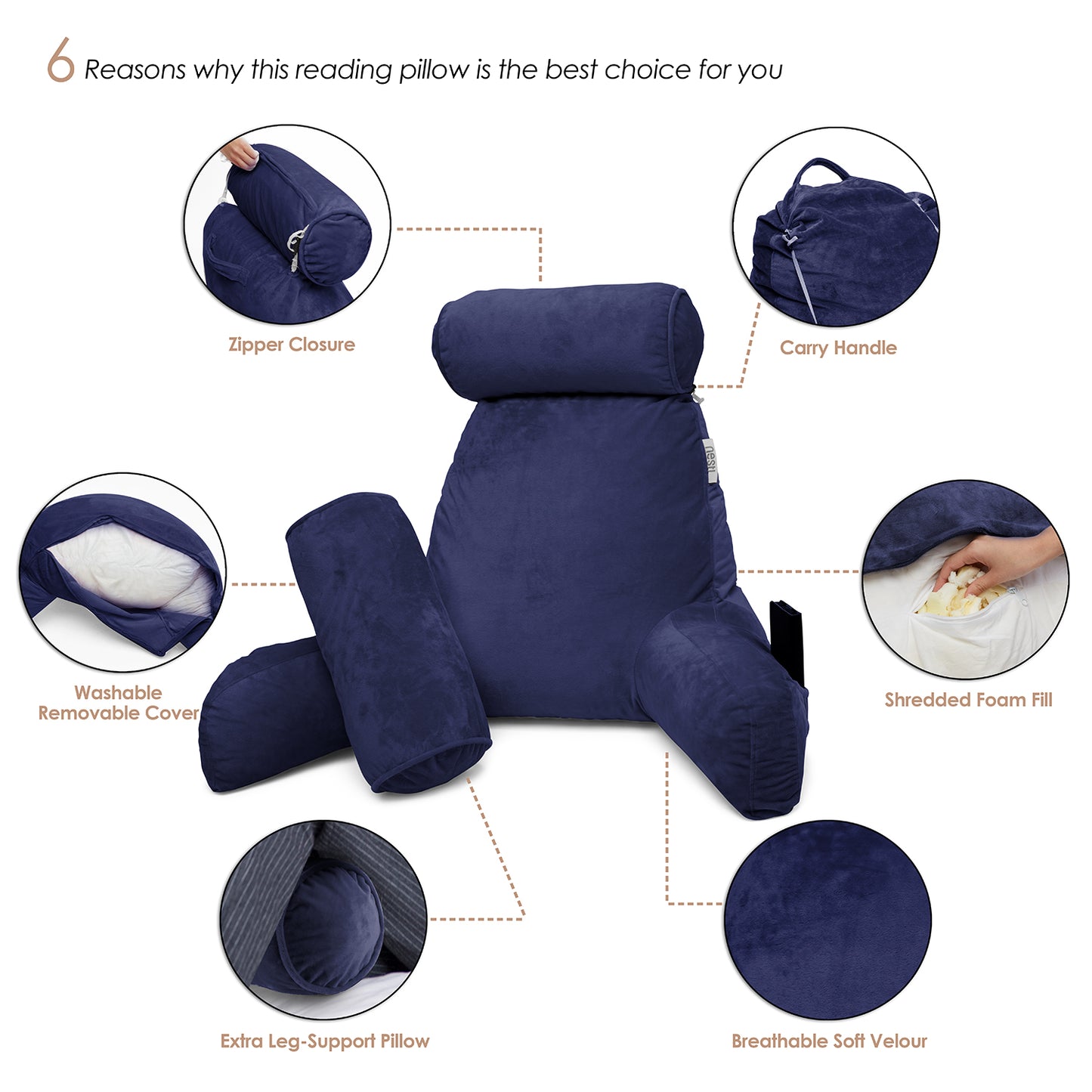 Clara Clark Reading Pillow, Medium Bed Rest Pillow with Arms for Kids Teens & Adults – Premium Shredded Memory Foam TV Pillow