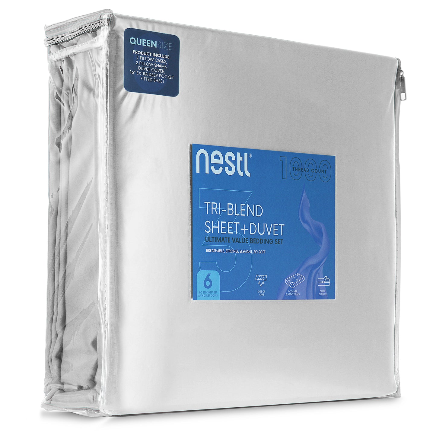 Nestl Bedding Duvet Cover 6-Piece Set - 1000 Thread Count Sheets - Tri Blend Cotton Duvet Cover with Zipper, Deep Pocket Fitted Sheet, 2 Cooling Pillow Cases, 2 Pillow Shams
