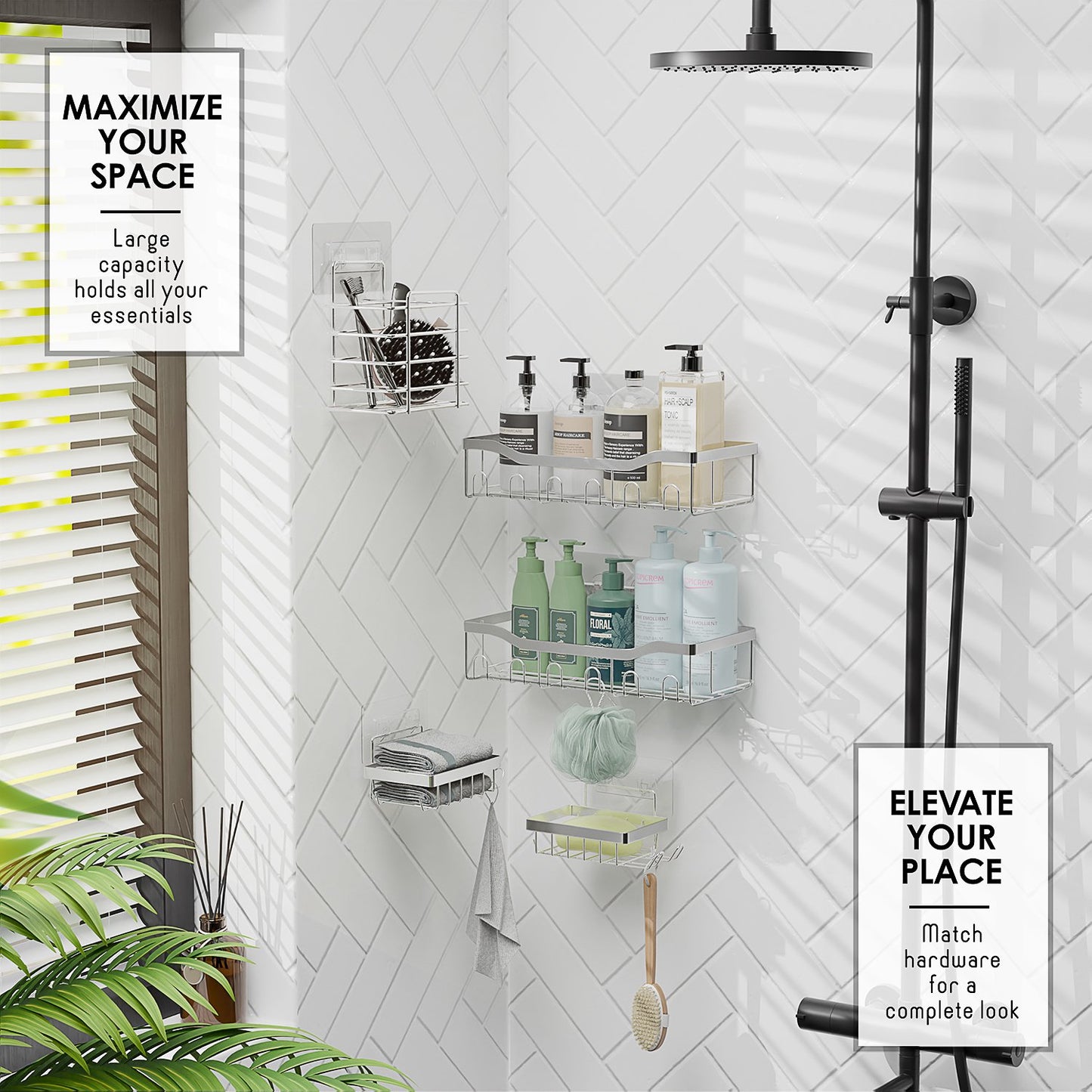 Lammaloe Adhesive Shower Caddy Organizer, 5 Pack Rustproof Shower Caddy Over Shower Head