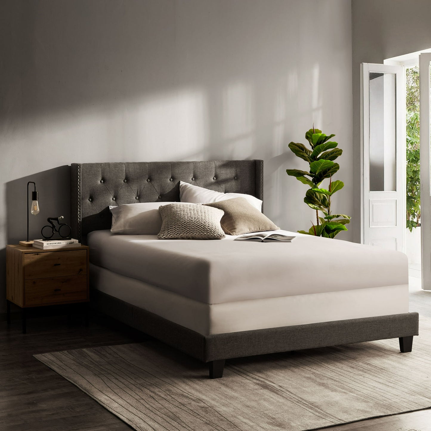 Lammaloe Platform Bed Frame with Wingback Diamond Upholstered Headboard