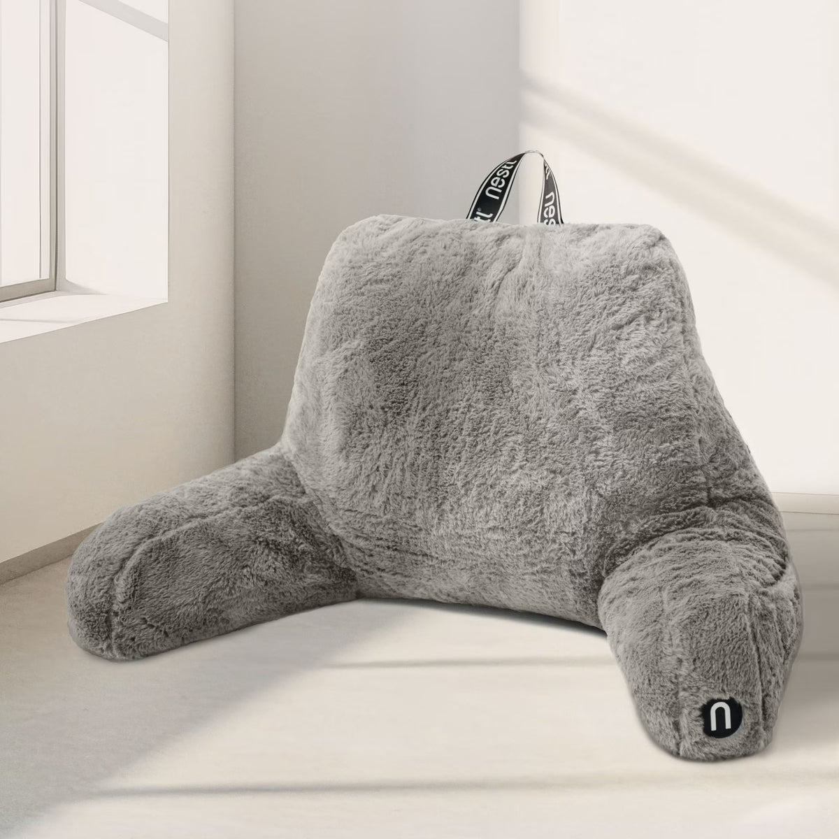 Nestl Reading Pillow, Backrest Pillows with Arms, Plush Faux Fur Back Pillow, Shredded Memory Foam Bed Rest Pillow