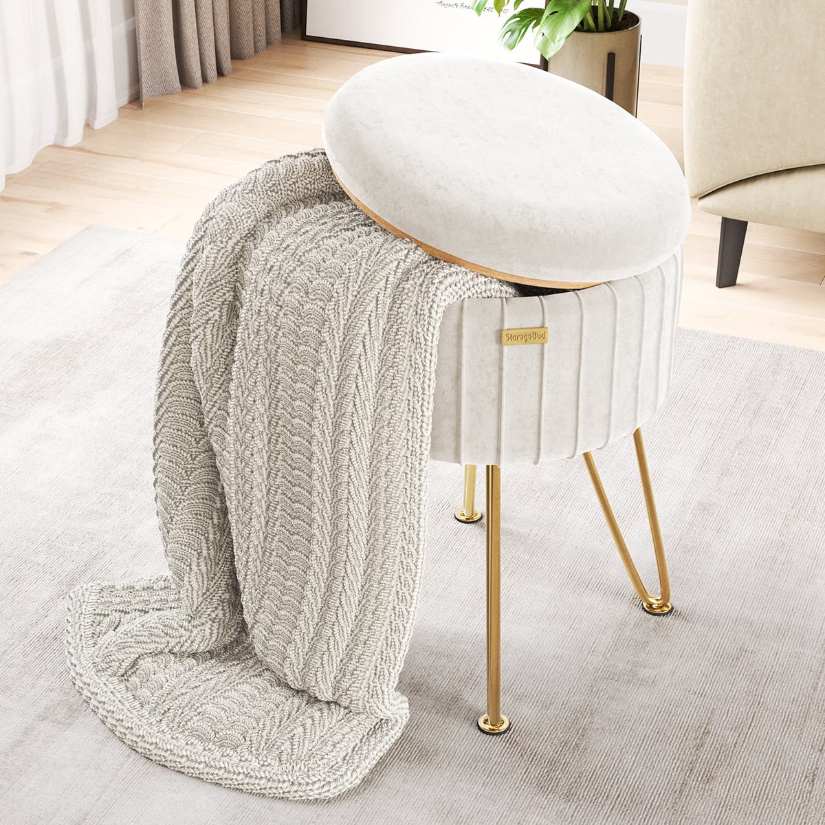 Hearth & Harbor Round Ottoman with Storage Stool with Storage Pleated