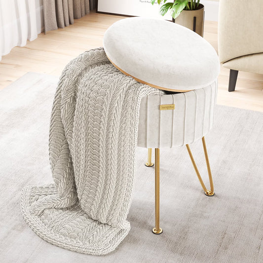 Hearth & Harbor Round Ottoman with Storage Stool with Storage Pleated