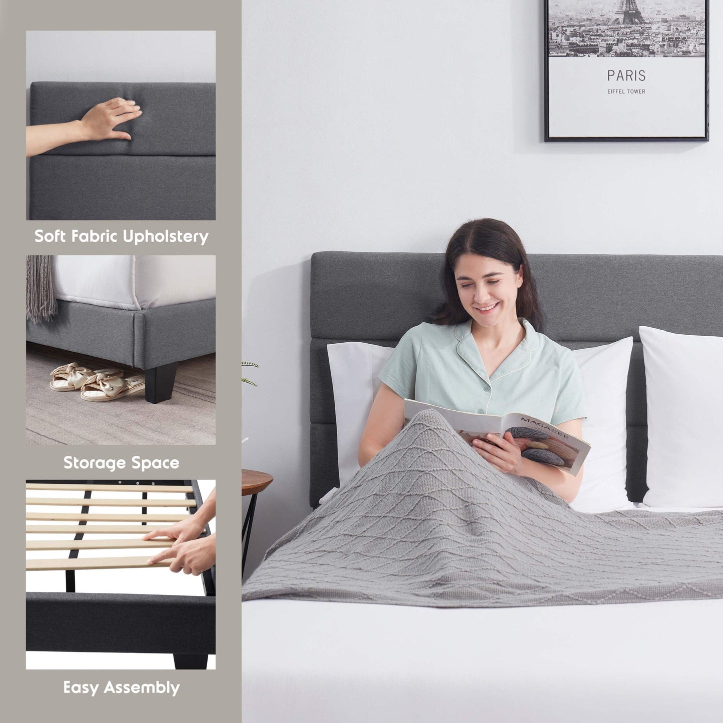 Lammaloe Platform Bed Frame with Horizontal Channel Upholstered Headboard