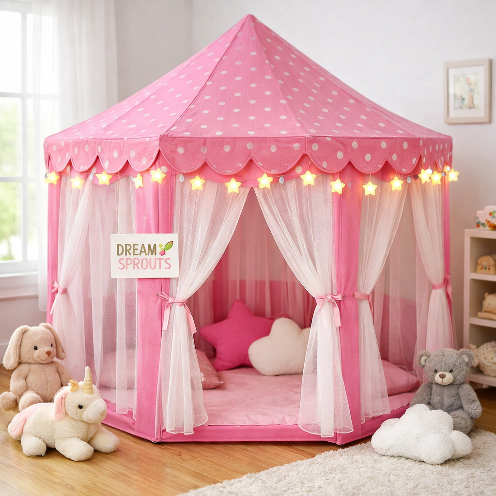 Dream Sprouts Princess Castle Play Tent with Star Lights — Large Kids Playhouse for Indoor & Outdoor Imaginative Play (55" x 53")