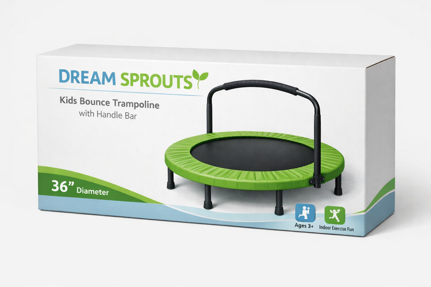 Dream Sprouts 36" Kids Bounce Trampoline with Padded Handle Bar — Indoor/Outdoor Toddler Bouncer with Safety Stretch Bands (Ages 1–7)