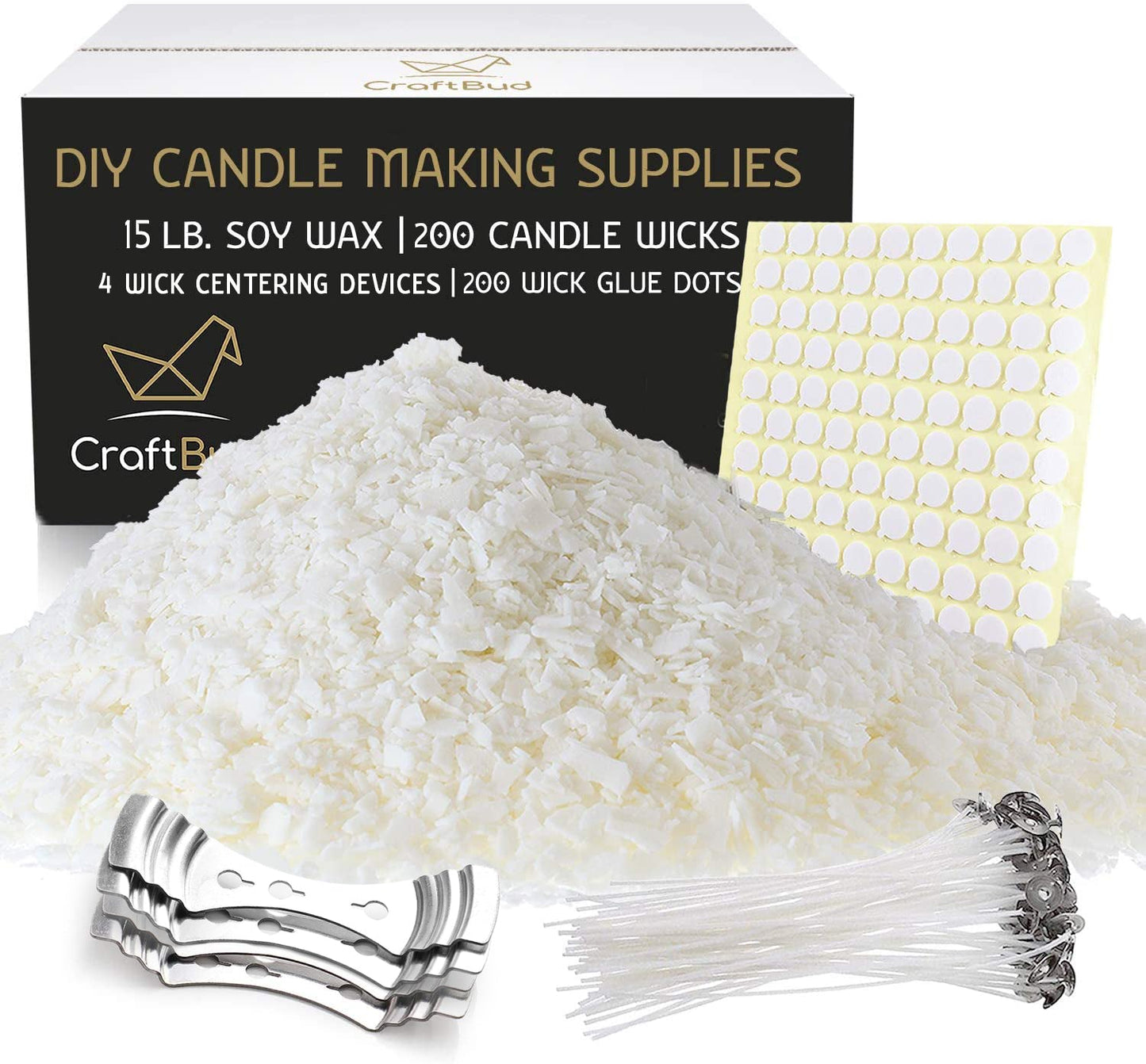 15 lb Natural Soy Candle Wax for Candle Making with Cotton Candle Wicks, Wick Stickers, and Centering Devices