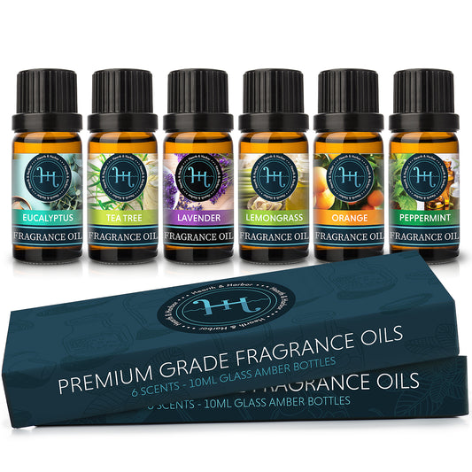 Hearth & Harbor Premium Fragrance Oil Set of 6 Scented Oil for Soap Making, Candle Making, Incense, Potpourri & Aroma Diffuser  - Lemongrass, Peppermint, Orange, Lavender, Eucalyptus, Tea Tree Scents In 10ml Glass Amber Bottles