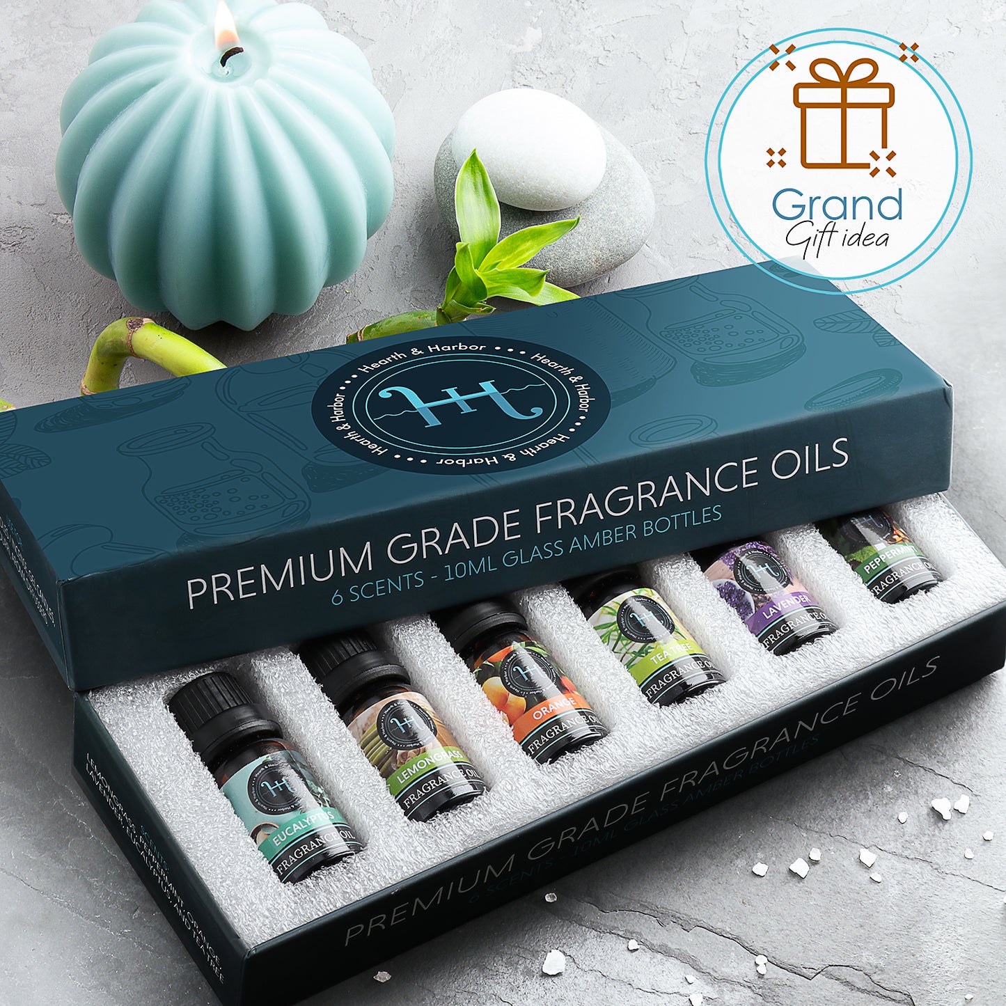 Hearth & Harbor Premium Fragrance Oil Set of 6 Scented Oil for Soap Making, Candle Making, Incense, Potpourri & Aroma Diffuser  - Lemongrass, Peppermint, Orange, Lavender, Eucalyptus, Tea Tree Scents In 10ml Glass Amber Bottles