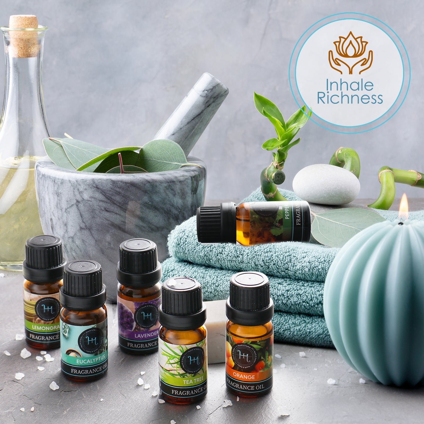 Hearth & Harbor Premium Fragrance Oil Set of 6 Scented Oil for Soap Making, Candle Making, Incense, Potpourri & Aroma Diffuser  - Lemongrass, Peppermint, Orange, Lavender, Eucalyptus, Tea Tree Scents In 10ml Glass Amber Bottles