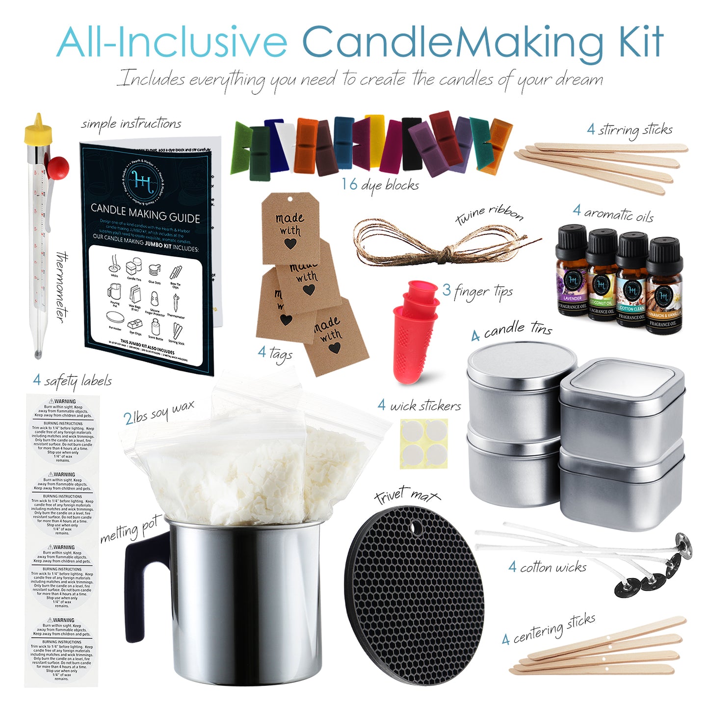 Hearth & Harbor Soy Candle Making Kit - Natural Soy Wax, Tins, Melting Pot, Cotton Wicks, Metal Centering Tool, and More - Multi