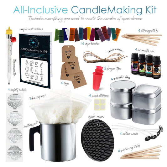 Hearth & Harbor DIY Candle Making Kit For Adults - Complete Set of Candle Making Supplies Having 16 Colors Dye Blocks, Thermometer, Tins, Cotton Wicks, Finger Protectors, Natural Soy Wax, Metal Centering Devices & More