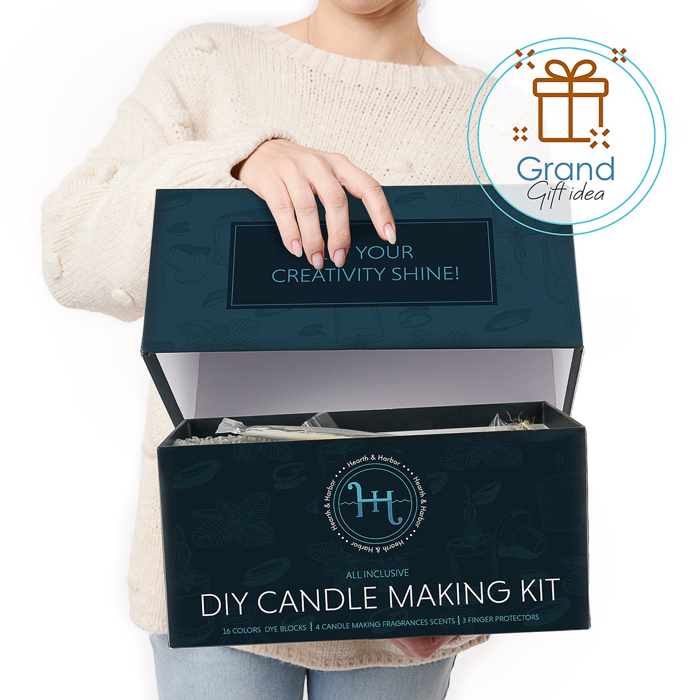 Hearth & Harbor DIY Candle Making Kit For Adults - Complete Set of Candle Making Supplies Having 16 Colors Dye Blocks, Thermometer, Tins, Cotton Wicks, Finger Protectors, Natural Soy Wax, Metal Centering Devices & More