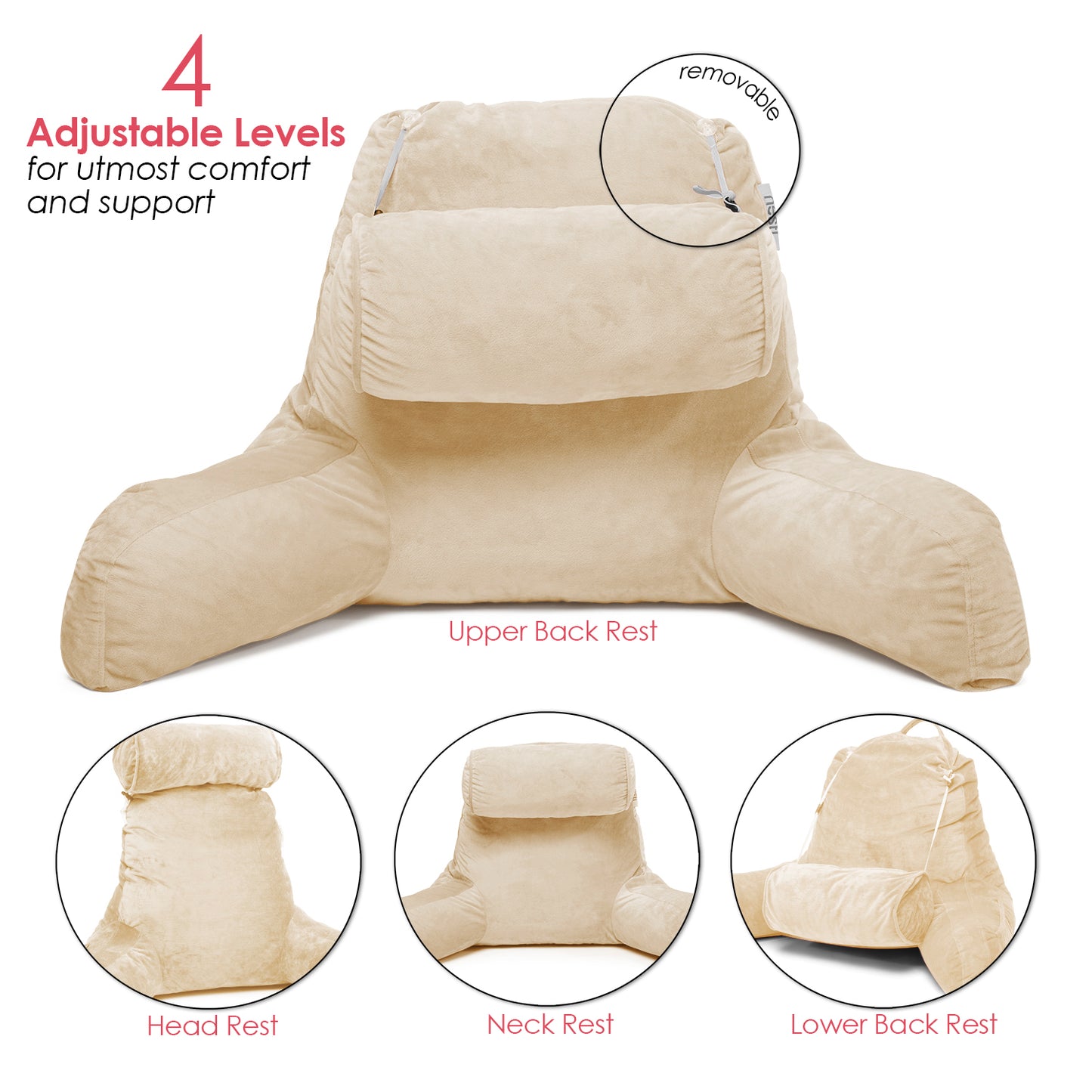 Clara Clark Reading Pillow, Medium Bed Rest Pillow with Arms for Kids Teens & Adults – Premium Shredded Memory Foam TV Pillow
