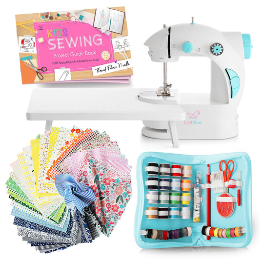 kids mini sewing machine kit includes 50 pieces of 10” x 10” patterned fabric and a sewing projects guidebook.