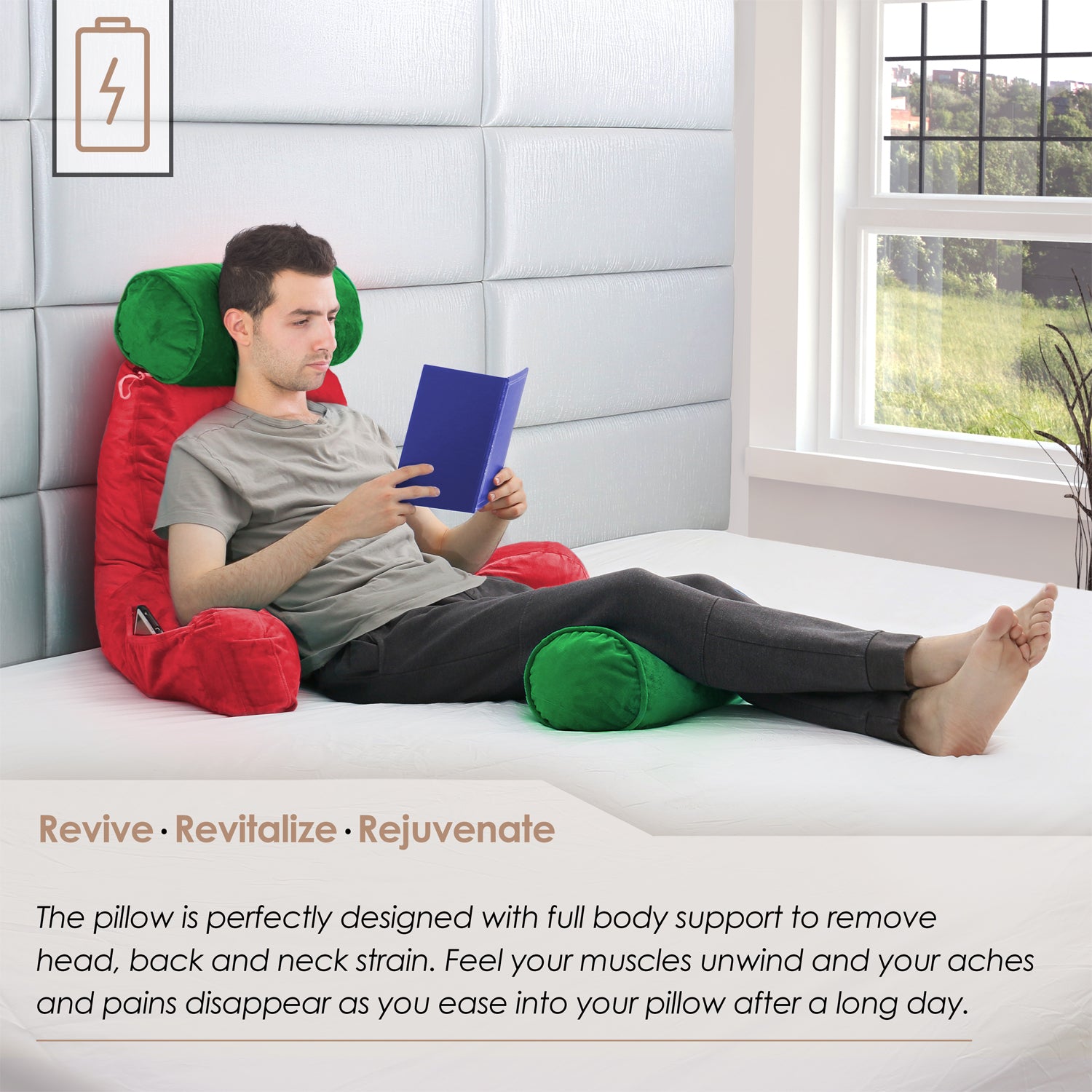  Reading Pillow-Bed Rest Pillow with Detachable Neck Roll &  Higher Support Arm for Sitting in Bed Couch or Floor-Backrest Reading Pillow  Adult Back Pillow for Reading/Watching TV/Gaming/Relaxing : Home & Kitchen