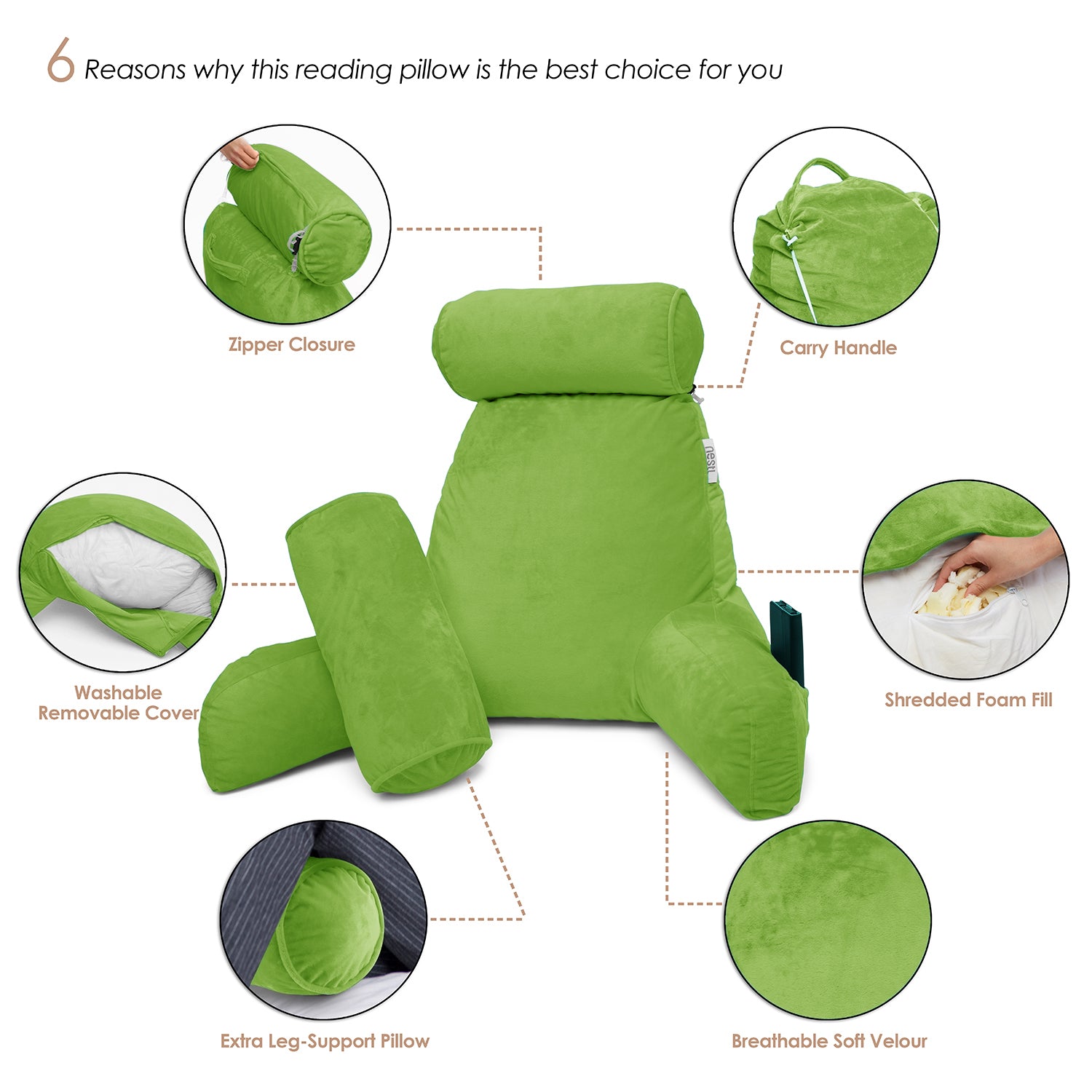 Reading Pillow, Back Rest Pillow for Sitting in Bed with Arms for Kids &  Adults, Memory Foam TV Sit Up Pillow with Detachable Neck & Lumbar Pillows  