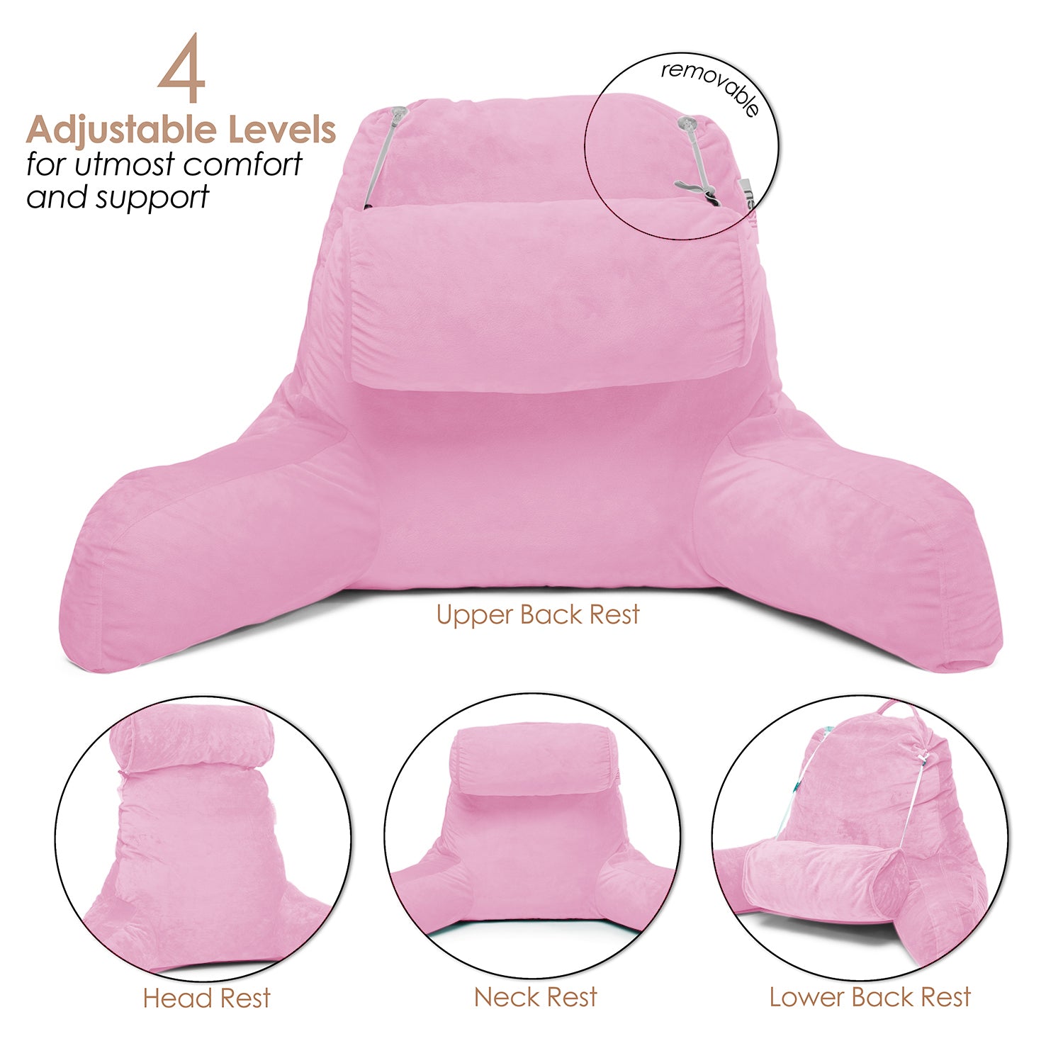 Reading Pillow, Back Rest Pillow for Sitting in Bed with Arms for Kids &  Adults, Memory Foam TV Sit Up Pillow with Detachable Neck & Lumbar Pillows  