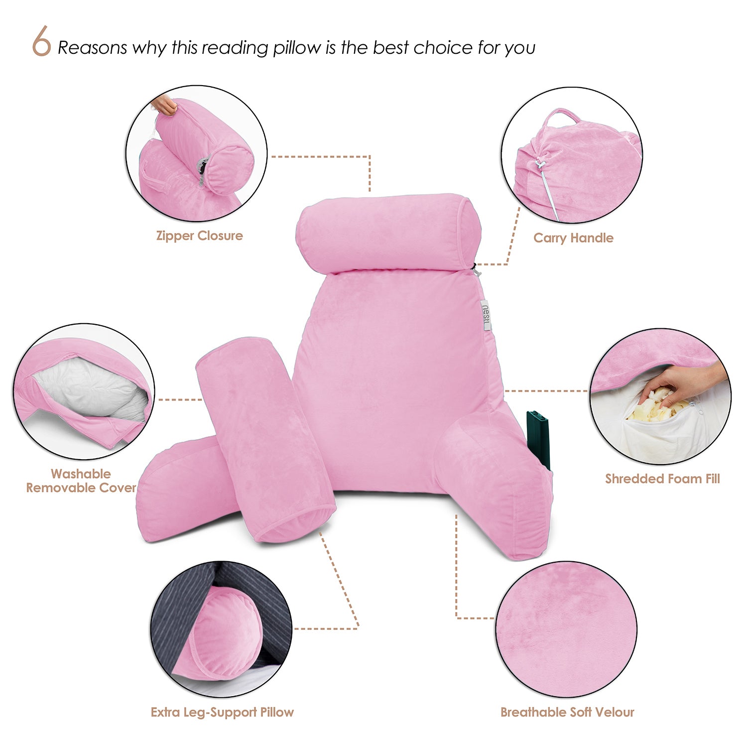 Nestl Backrest Reading Pillow, Bed Rest Pillow with Arms for Sitting In Bed,  Shredded Memory Foam Back Support Pillow, Light Pink 