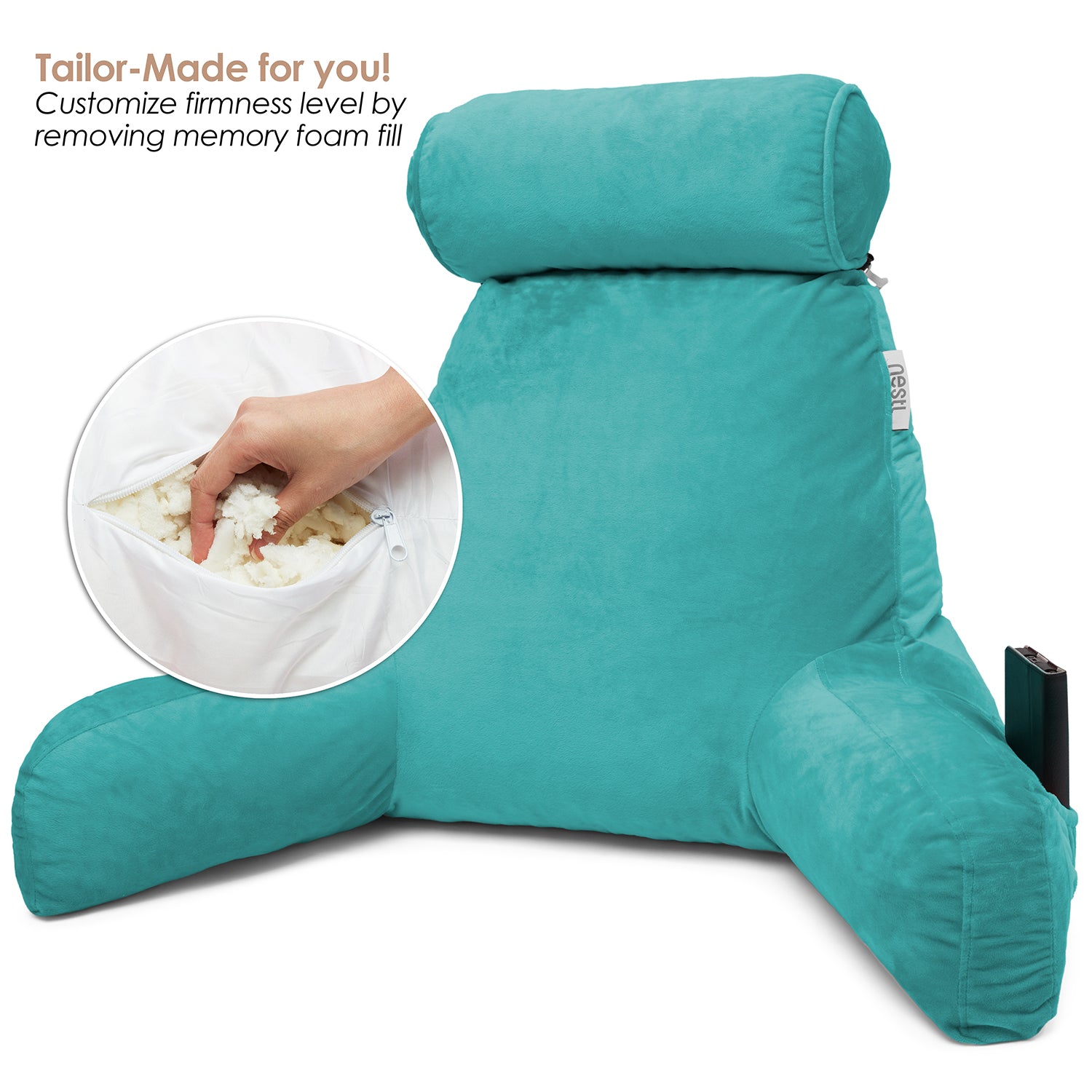 Nestl Double Reading Pillow, Double Back Pillow, Backrest Pillows for Bed  with Arms, Back Pillows for Sitting in Bed, 2 Neck Roll & 2 Lumbar Back  Support Pillow, Teal 