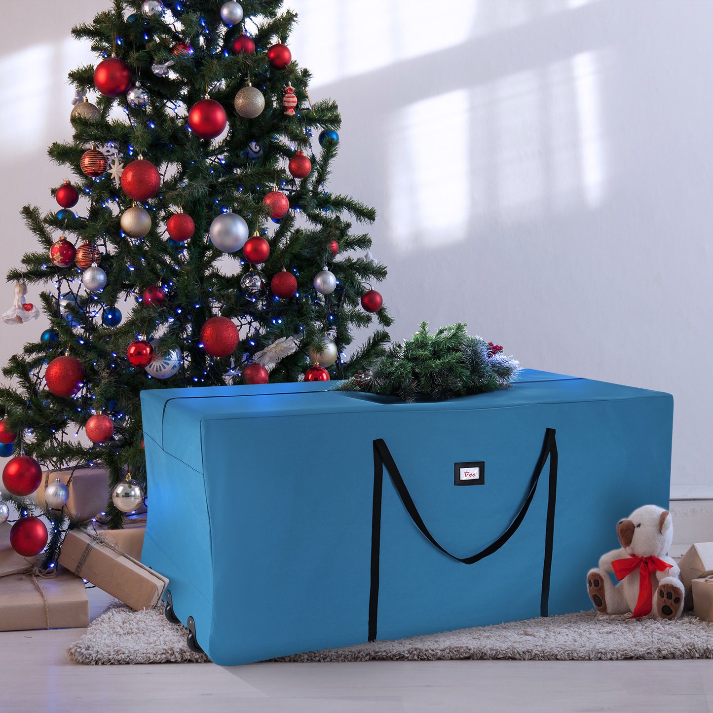 Christmas Tree Storage Bag - Extra Large Tree Rolling Storage Bag - Fits Upto 9 ft. Artificial Disassembled Trees, Durable Handles & Wheels for Easy Carrying & Transport - Tear Proof Oxford Duffle Bag