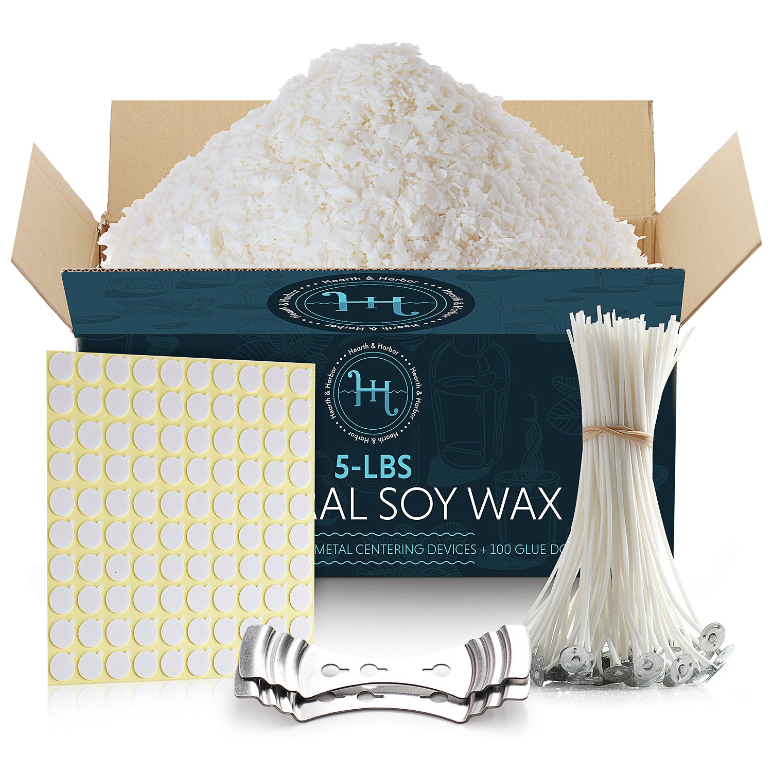 Hearth & Harbor Soy Candle Wax for Candle Making - Natural - 5 lb Bag, Premium Soy Wax Flakes, 100 Cotton Candle Wicks, 100 Wick