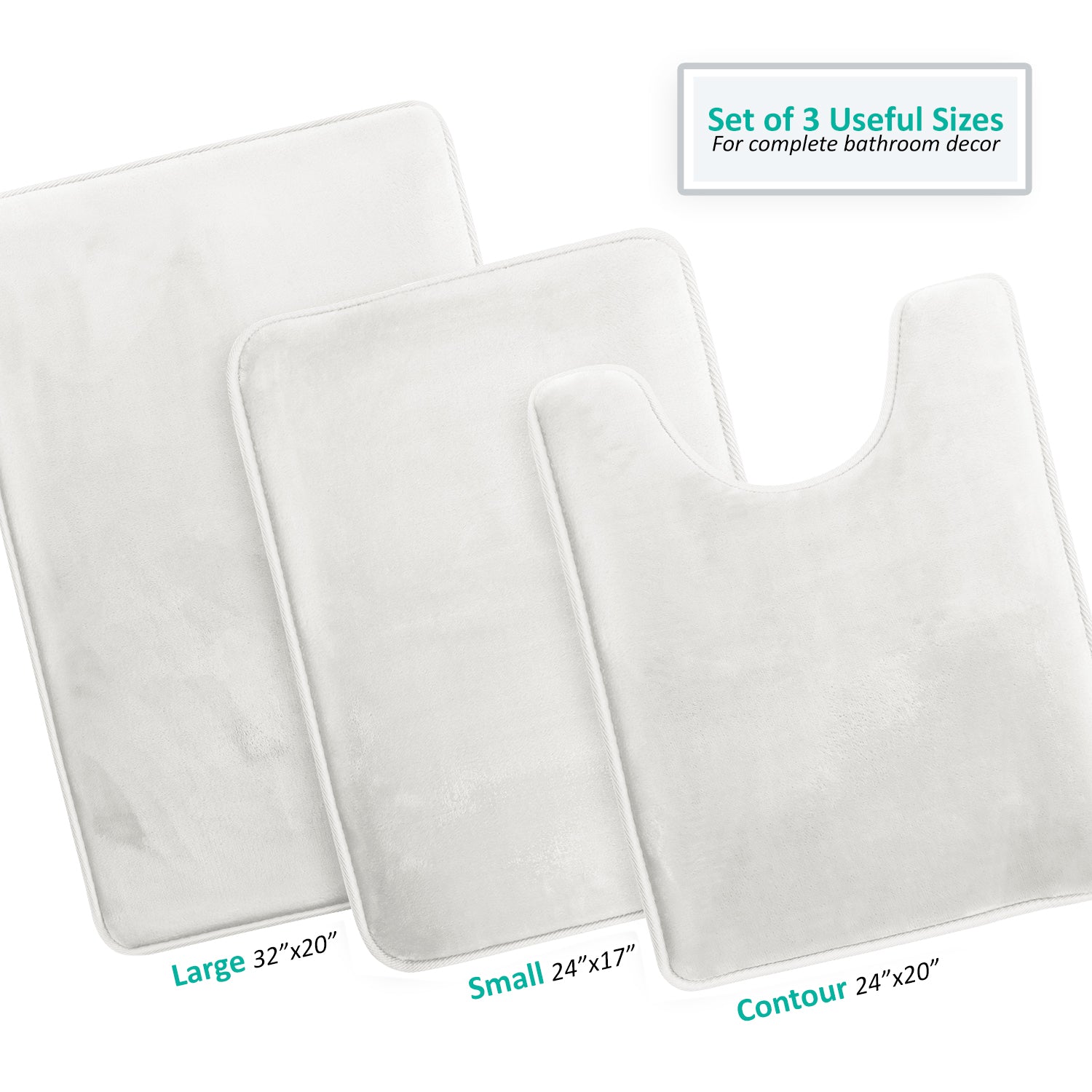 Clara Clark Non-Slip Shaggy Bath Rug Set White Rubber Microfiber 3-Piece Set